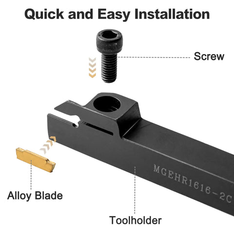 Beefed-Up 5/8 Inch Large Shank Lathe Grooving And Part Off Set Kit with labeled toolholder, alloy blade, and screw