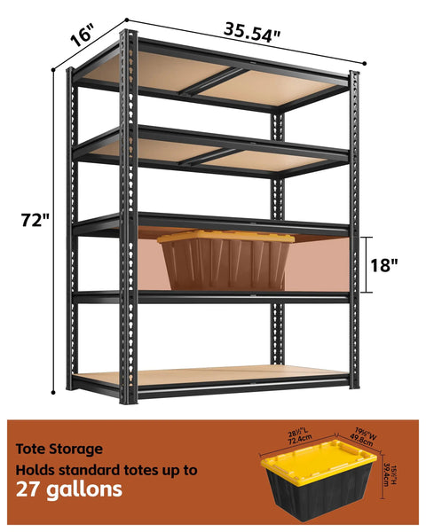 Heavy Duty 5-Tier Garage Shelving Unit In Black 72 Inch Tall 35.54 W By 16 D Metal Storage Rack With 2000 Lbs Total Capacity For Heavy Duty Garage Organization And Easy Bulk Storage, tote fit