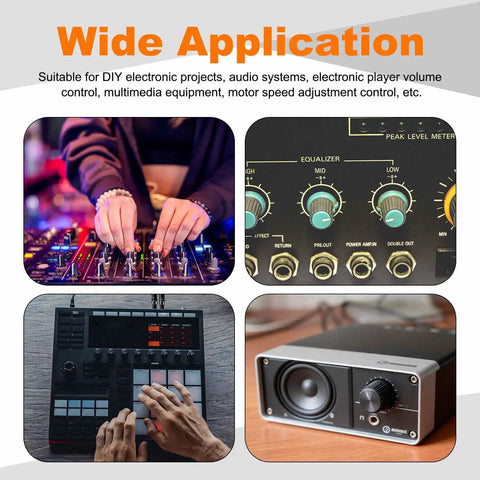 Wide application scenarios for Dual Channel B50K Potentiometer Kit with 6 Pin Split Shaft for audio control, shown in audio equipment