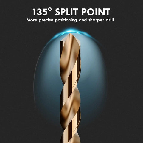 Close-up view of M35 Cobalt Drill Bit Set 25 Piece Pro Grade With Metric Sizes 1.0mm To 13.0mm HSS, highlighting 135° split point.