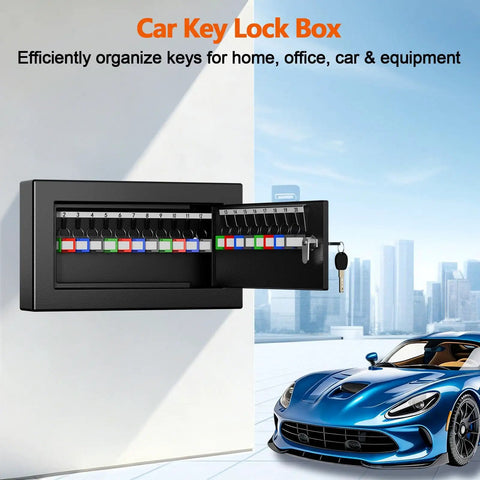 Wall Mounted Key Lock Box Holds Twenty Keys, Heavy Duty Metal Safe with Key Lock, view of open box with color coded tags.