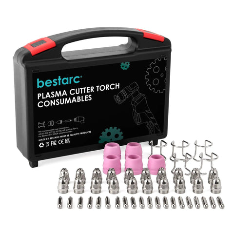 AG60P Plasma Cutter Torch Consumables Kit With 50 Pcs Tip Nozzles And Carry Case For AG60 WSD60 AG60P And BTC500DP Pro Grade Replacement Parts Set Heavy Duty Case Included shown with contents