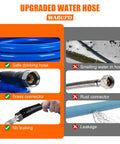 Front-view infographic of blue heated RV water hose with brass connector and nozzle; highlights safe drinking hose and no leaking.
