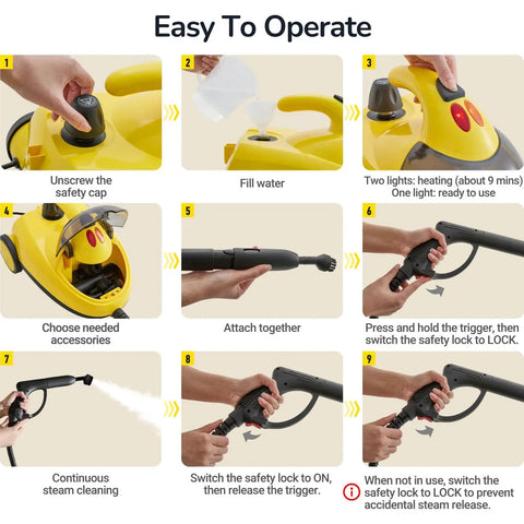 Instructions for operating the Heavy Duty Steam Cleaner With 2L Water Tank, 28 Piece All In One Multipurpose Kit For Grout and more.
