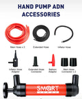 SMART JERRY fluid transfer pump with red body and black fittings; includes main hoses x2 and assorted adapters.