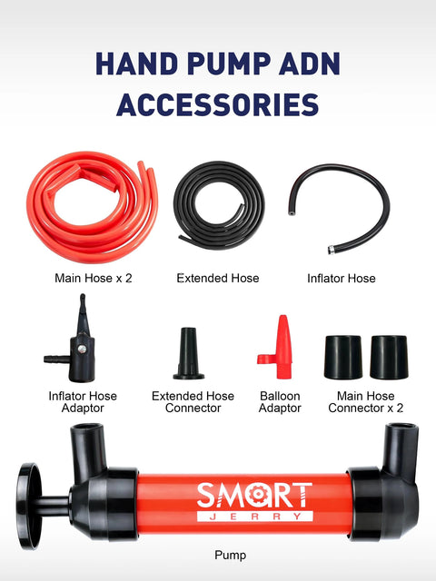 SMART JERRY fluid transfer pump with red body and black fittings; includes main hoses x2 and assorted adapters.
