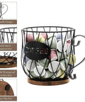 Go To Rustic Metal K Cup Pod Holder With Wooden Base; large wire basket with coffee pods on rustic brown round finish