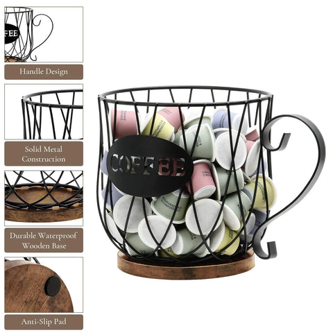 Go To Rustic Metal K Cup Pod Holder With Wooden Base; large wire basket with coffee pods on rustic brown round finish