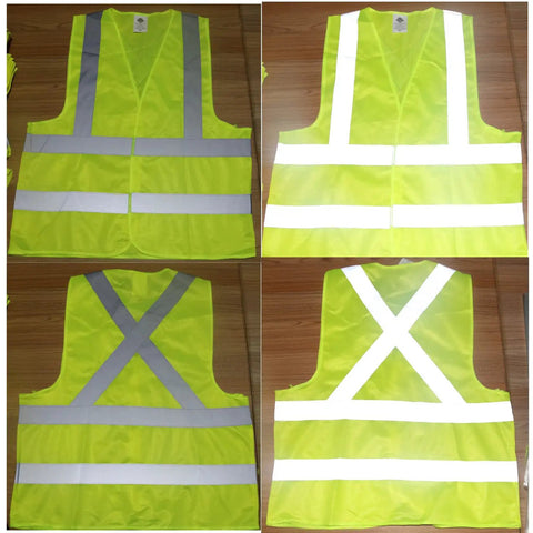 Look Sharp Hi Vis Safety Vest With Wraparound 360 Reflective Strips For Construction Crews Road Work Cycling And After Dark Jogging Activities Reliably, four angles showing reflective strips.