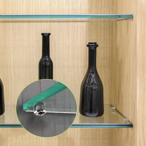 Rock Solid Wall Mounted Glass Shelf Brackets 20 Piece Zinc Alloy Pin Clamps Fit 4 To 8mm Shelves Zero Hassle Setup Heavy Duty Adjustable Holder Brushed Finish showcasing glass shelf with black bottles