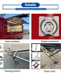 Ready To Roll 16 Foot Red Stainless Steel Food Trailer With Dot Certified Mobile Kitchen Setup showing sales window, power connector, towing system and truck jack.