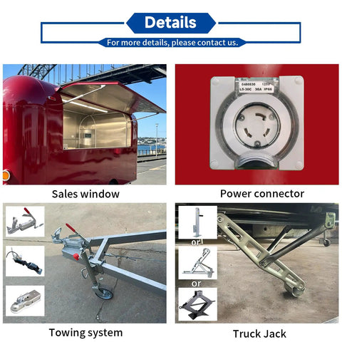Ready To Roll 16 Foot Red Stainless Steel Food Trailer With Dot Certified Mobile Kitchen Setup showing sales window, power connector, towing system and truck jack.