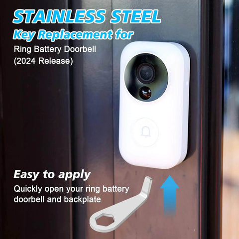 Ring Doorbell Tool Kit for Fast Battery Doorbell Install and Safe Removal All In One Screwdriver Key Tool Set for Ring Doorbell Camera 2024 Must Have Essential Camera Tool Accessories Pack for Easy Maintenance and Troubleshooting, with a stainless steel key tool next to a mounted Ring doorbell.