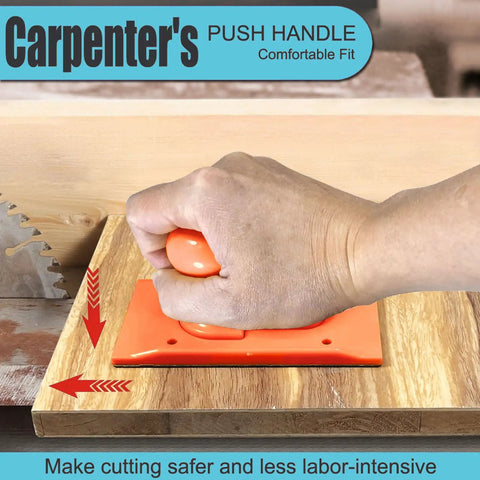 Pro Grade Woodworking Push Block With Rounded Handle And Textured Non Slip Surface in use on table saw, hand guiding wood.