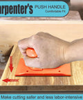 Person using Table Saw Push Block With Comfortable Grip And High Visibility For Woodworking Pro Grade Non Slip Design Easy Install Durable ABS Plastic Push Block For Precise Cuts And Safe Handling on wood.