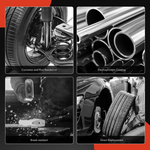 Collage illustrating corrosion resistance, electrophoretic coating, break-resistant manufacturing, and direct replacement installation.