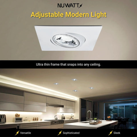 3 Inch Gimbal Square Canless LED Recessed Light Kit With 5 Color Temp Options 2700K To 5000K installed in modern kitchen ceiling.