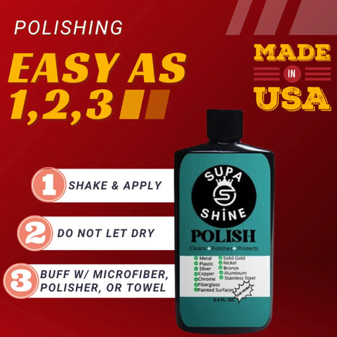 Supa Shine Polish bottle showing instructions next to 'Made in USA' and polishing steps, part of Buffer Polisher Kit For Car Detailing With 7 Inch Pads Wax Buffing And Polishing Bundle Includes Three Polishers Black Foam Pad Yellow Polishing Pad Wool Pad And Three Point Four Ounce Supa Shine Polish.