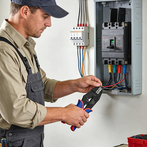 Technician using Ratcheting Wire Crimping Tool Set with 6 Replaceable Dies for Heat Shrink and Terminal Work in electrical box
