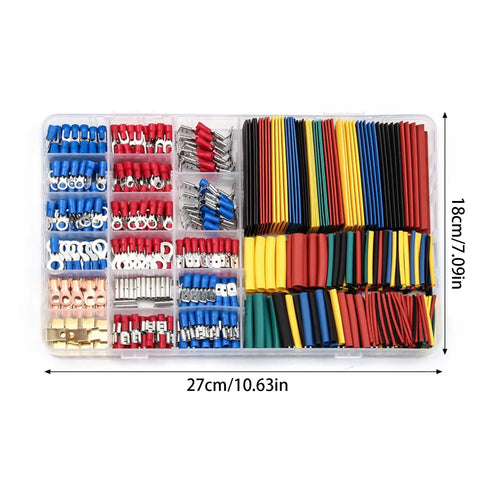 Heavy Duty 678 Piece Crimping Tool Kit With Assorted Cold Press Terminals And Heat Shrink Tubing For Electrical Wiring Projects, organized in clear container.