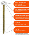 Pro Grade Number 8 By 1 1 4 Inch Low Profile Cabinet Washered Screws In Slick White With Foolproof Star Drive and Zero Pre Drill Zip Tip Tech features detailed screws with star drive and white coating.
