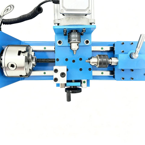 Close-up view of Techtongda Dual Motor Wood Lathe Combo with 750W Brushless Spindle and 450W Drilling Unit features.