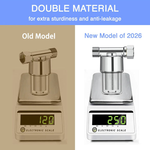 Comparison of old and new models of 40 Micron Brass Inline Washing Machine Water Filter on electronic scales