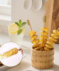 Manual Tornado Potato Spiral Cutter with three spiral potato skewers in a wooden basket, kitchen tool