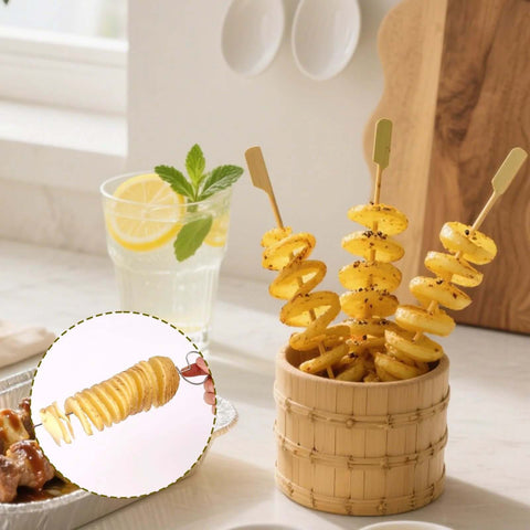 Manual Tornado Potato Spiral Cutter with three spiral potato skewers in a wooden basket, kitchen tool