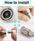 Front view of a stainless steel 3/8 quick-connect fitting with recessed end.
Close-up of a hand adjusting a stainless steel 3/8 quick-connect coupling sleeve.
Side view of two-piece stainless steel 3/8 quick-connect ends being joined.
Fully assembled stainless steel 3/8 quick-connect adapter with male thread.