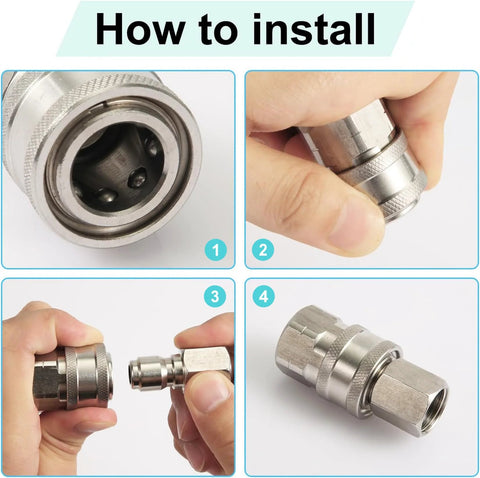 Front view of a stainless steel 3/8 quick-connect fitting with recessed end.
Close-up of a hand adjusting a stainless steel 3/8 quick-connect coupling sleeve.
Side view of two-piece stainless steel 3/8 quick-connect ends being joined.
Fully assembled stainless steel 3/8 quick-connect adapter with male thread.