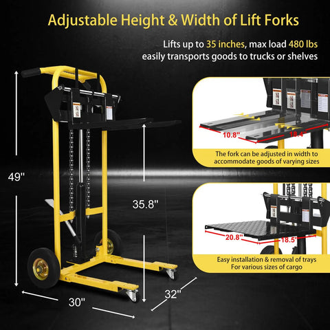 Hydraulic Material Lift Pallet Jack Table Cart With 480 Lb Capacity And 35 Inch Lift showing adjustable fork measurements