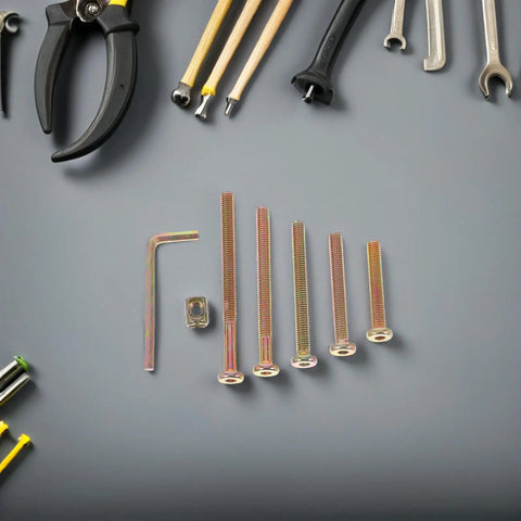 49 Piece M6 and 40-80mm Hex Socket Screws and Barrel Nuts Set for Furniture Repair, tools laid out on gray surface