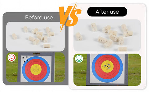 Before and after use comparison of 300 Count.25 Caliber Airgun Cleaning Pellets In Cotton Wool Felt for bore maintenance