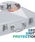 Close-up view of Portable Aluminum Alloy Toolbox Case with handle, highlighting secure locks for home, office, school, and travel use.