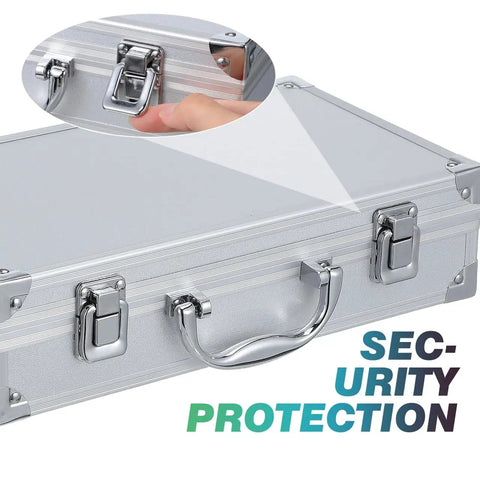 Close-up view of Portable Aluminum Alloy Toolbox Case with handle, highlighting secure locks for home, office, school, and travel use.