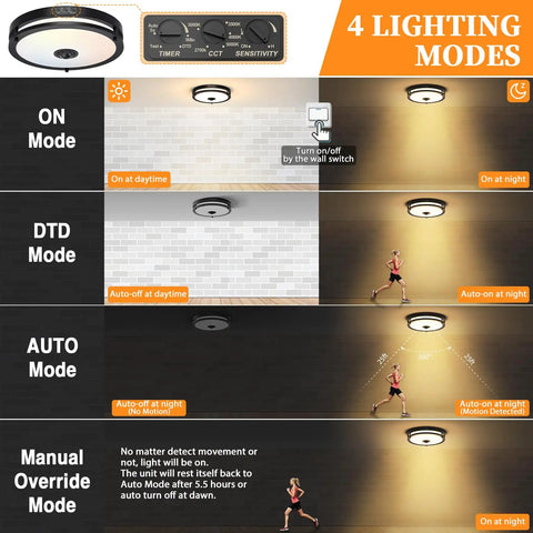 Diagram showing 4 lighting modes of 12 Inch Outdoor LED Motion Sensor Ceiling Light With Dusk To Dawn, 24W, Adjustable CCT