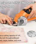Hassle Free Cordless Electric Scissors Rechargeable Box Cutter With Led Light And Safety Lock For Fabric Leather Carpet Crafting in use, cutting fabric.
