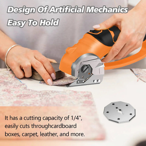 Hassle Free Cordless Electric Scissors Rechargeable Box Cutter With Led Light And Safety Lock For Fabric Leather Carpet Crafting in use, cutting fabric.