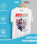 White T-shirt with racing design, highlighting 'Bright color, No fading, Washable' features, labeled 'Excellent Performance'