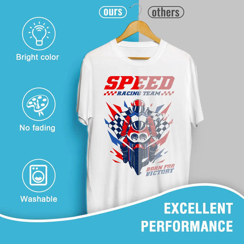 White T-shirt with racing design, highlighting 'Bright color, No fading, Washable' features, labeled 'Excellent Performance'