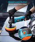 Powerful 1600W Rotary Buffer Polisher With Copper Motor on car surface, showing speed lock button for DIY detailers.
