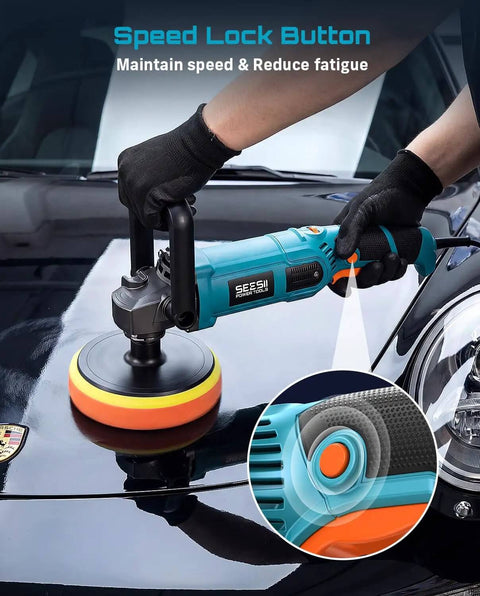 Powerful 1600W Rotary Buffer Polisher With Copper Motor on car surface, showing speed lock button for DIY detailers.