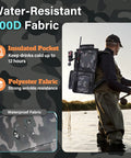 Angler wearing All In One Fishing Tackle Backpack With Integrated Cooler Bag 53L Waterproof Gear Backpack showcasing waterproof fabric