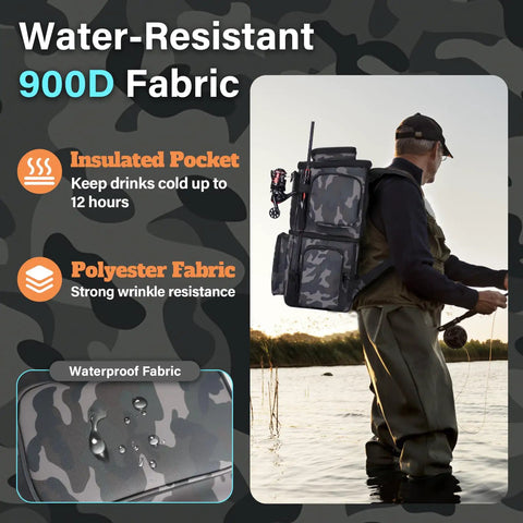 Angler wearing All In One Fishing Tackle Backpack With Integrated Cooler Bag 53L Waterproof Gear Backpack showcasing waterproof fabric