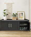 Waterproof Resin Shoe Bench With Adjustable Shelves, 2-Tier Hallway Storage Rack with black cabinet and open door showing shoes