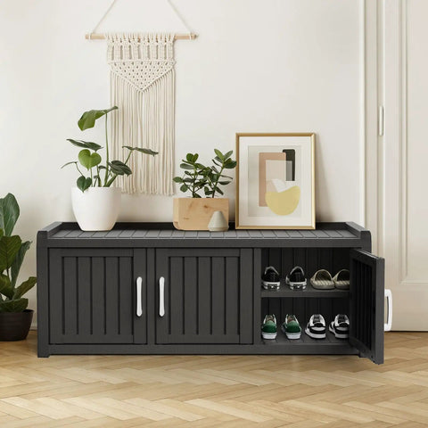 Waterproof Resin Shoe Bench With Adjustable Shelves, 2-Tier Hallway Storage Rack with black cabinet and open door showing shoes