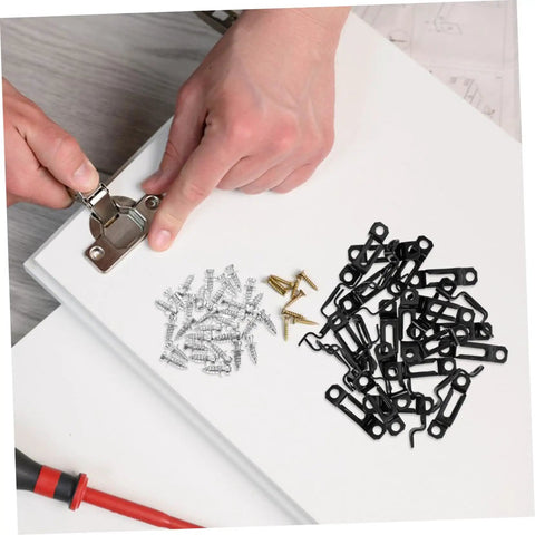 Hella Strong Invisible Furniture Connector Brackets With Dual Purpose Hidden Mount Fasteners for Cabinet Assembly, black clips and screws.