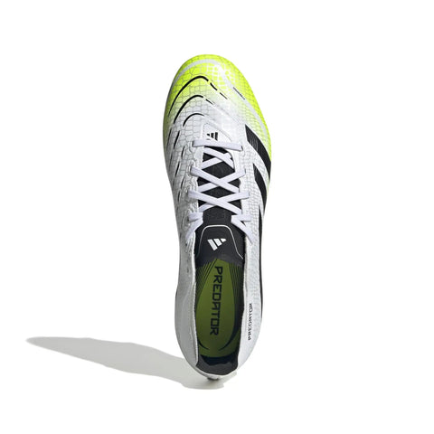 Top view of Predator League Soccer Cleats For Unisex On Firm Ground And Multi Ground, White Black Lucid Lemon, Size 4.5