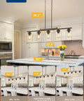 Straight Up Modern Farmhouse 5 Light Dining Room Chandelier With Dope Seeded Glass Shades Galvanized Steel Island Ceiling Fixture Lighting Top Shelf Kitchen Vibes hanging in kitchen with adjustable height details.